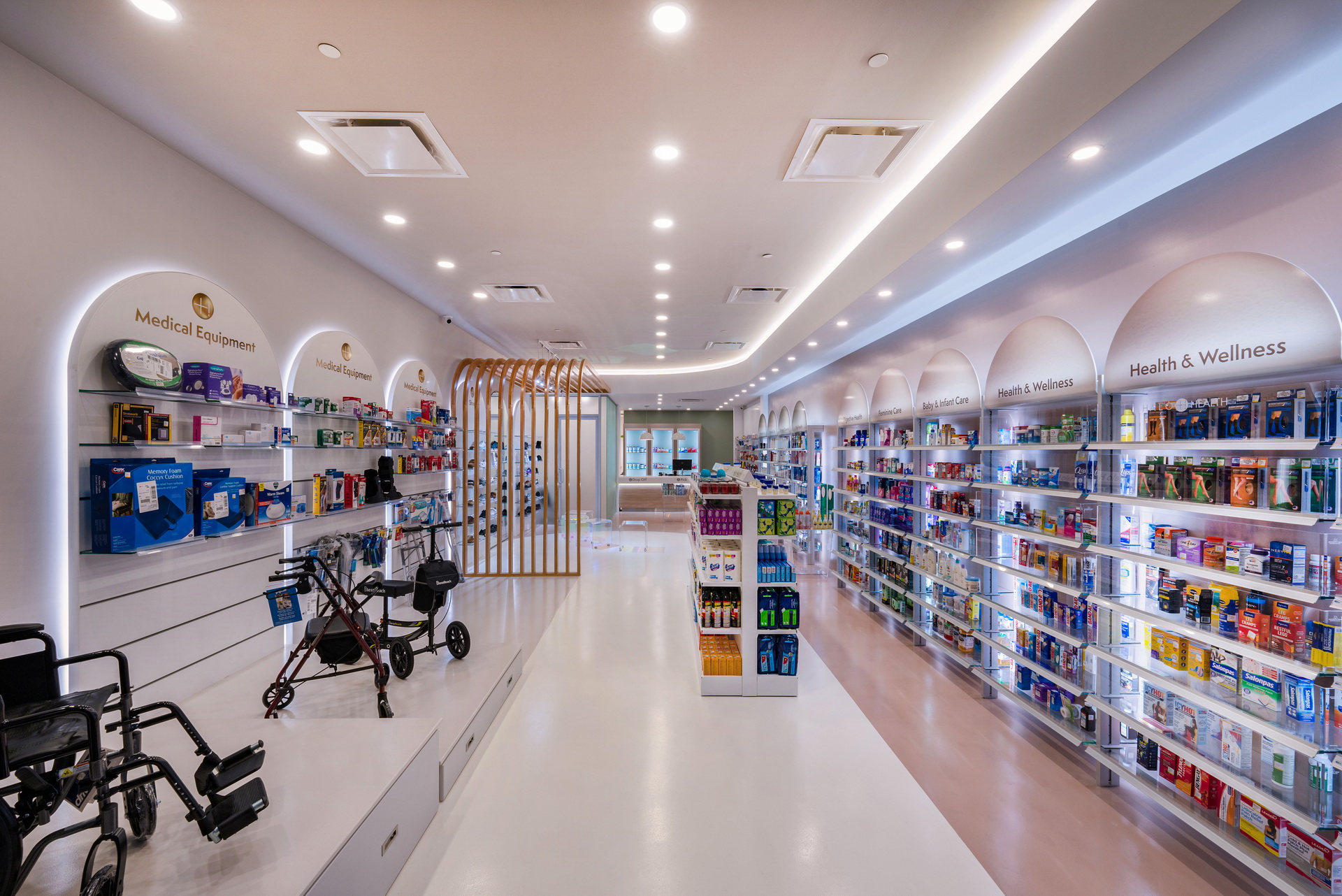 Bright interior of Halo Health Pharmacy showing medical equipment and pharmacy aisles